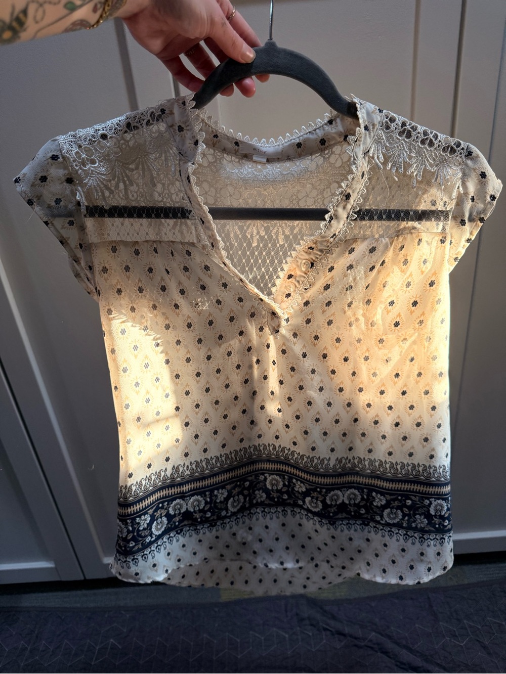 mine Cream Lace-Trim Boho Print Cap Sleeve Top